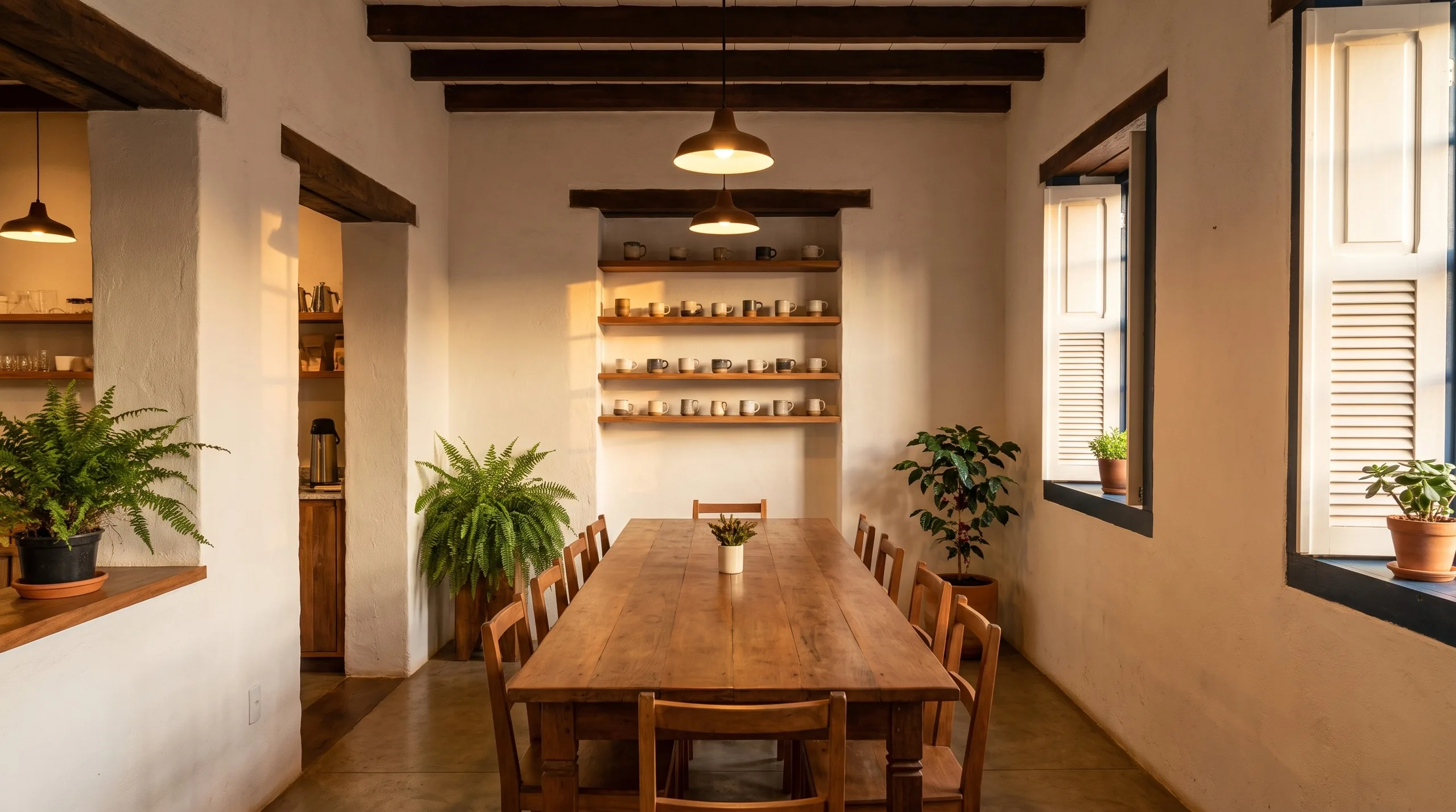 Salão da casa, com mesas de madeira e luz quente