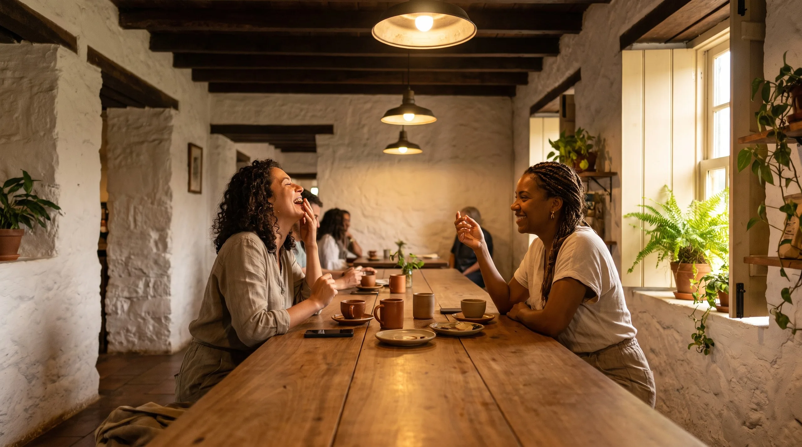 Clientes conversando em volta da mesa