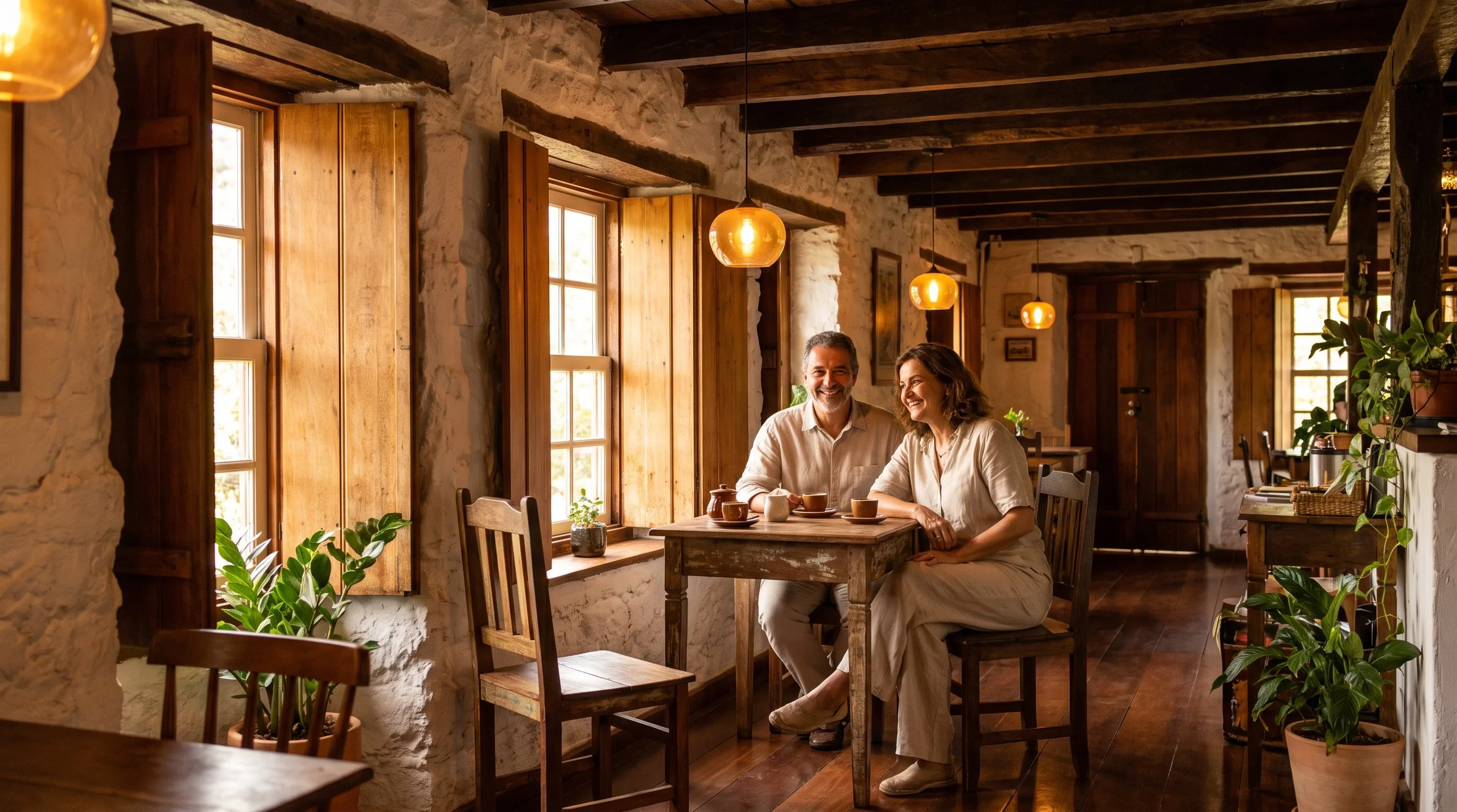 Casal tomando café junto à janela