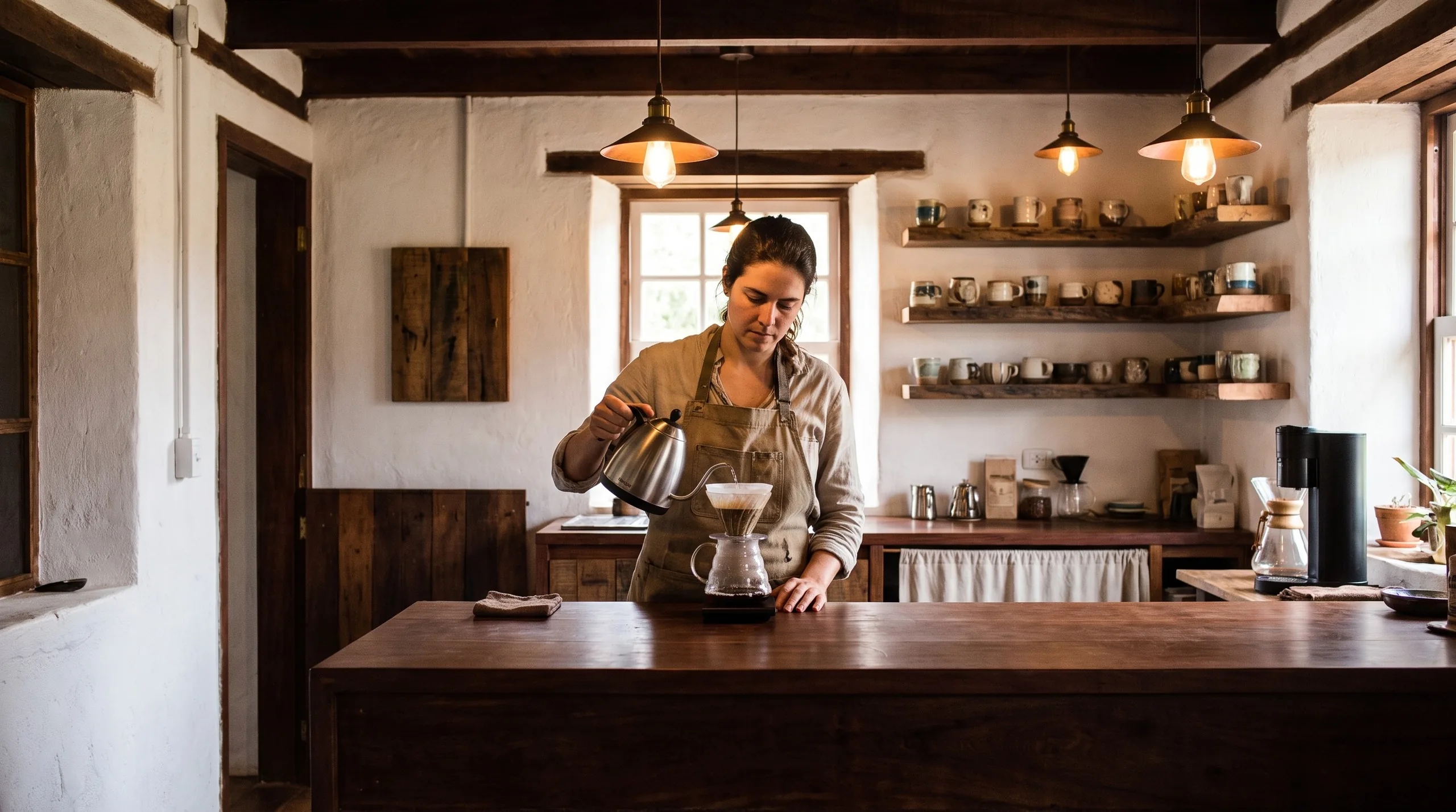 Barista preparando café no balcão