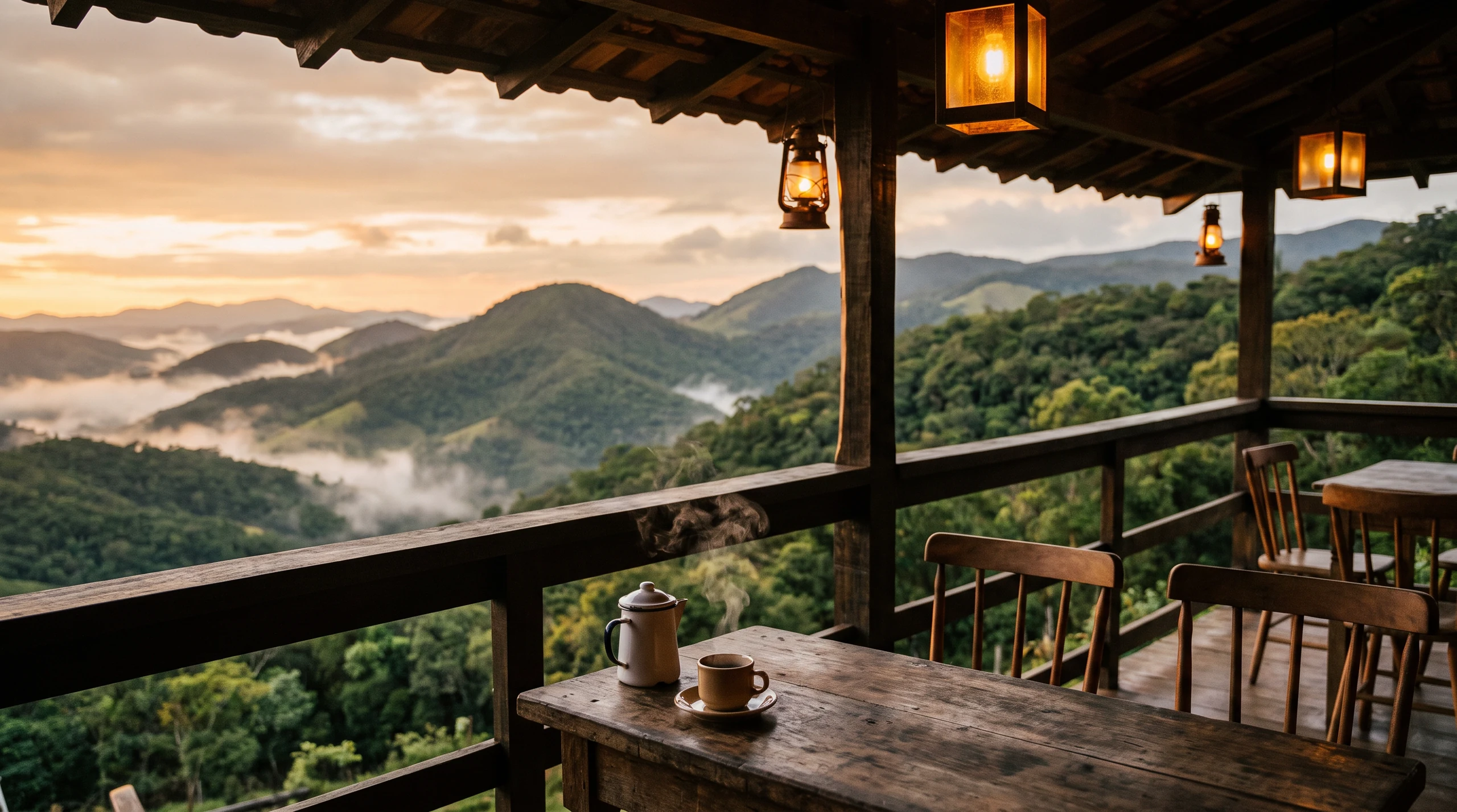 Varanda de madeira com vista para o vale ao fim de tarde